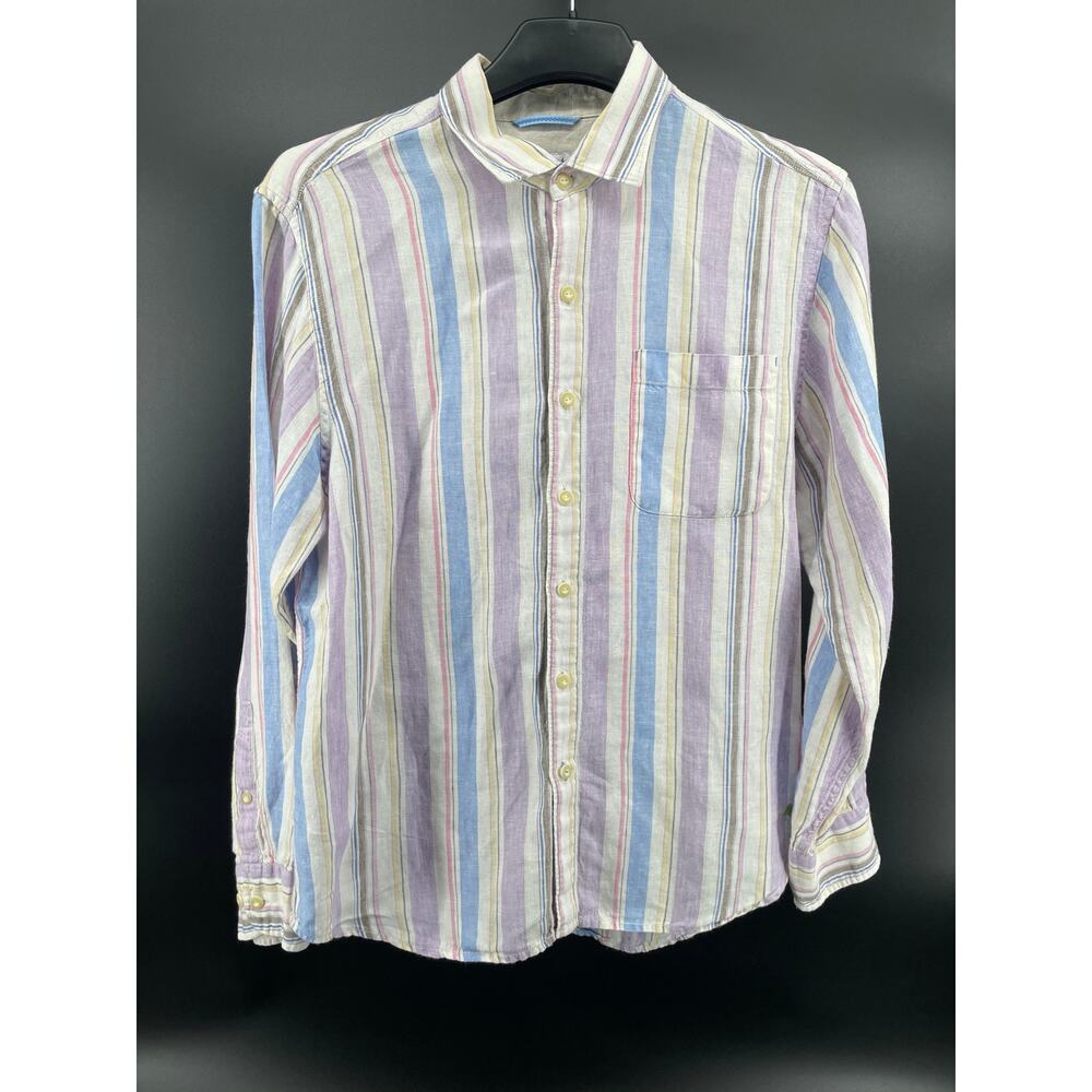 Tommy Bahama 100% Linen Button Up Shirt Men’s M Purple/Blue Candy Stripe Lng Slv - Picture 2 of 10